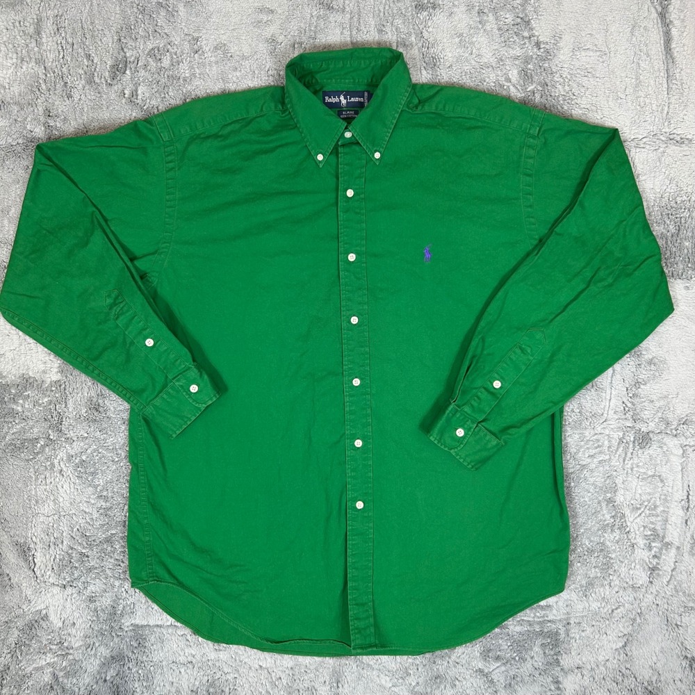 Ralph Lauren Blaire Green Cotton Button Down Shirt Mens Large Purple Pony Logo